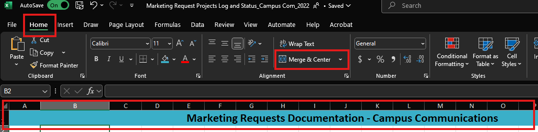 A screenshot of the Excel Home tab selected, and the Merge & Center icon highlighted.