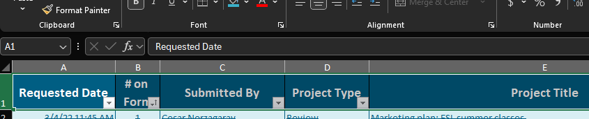 A screenshot showing no blank header rows in Excel.