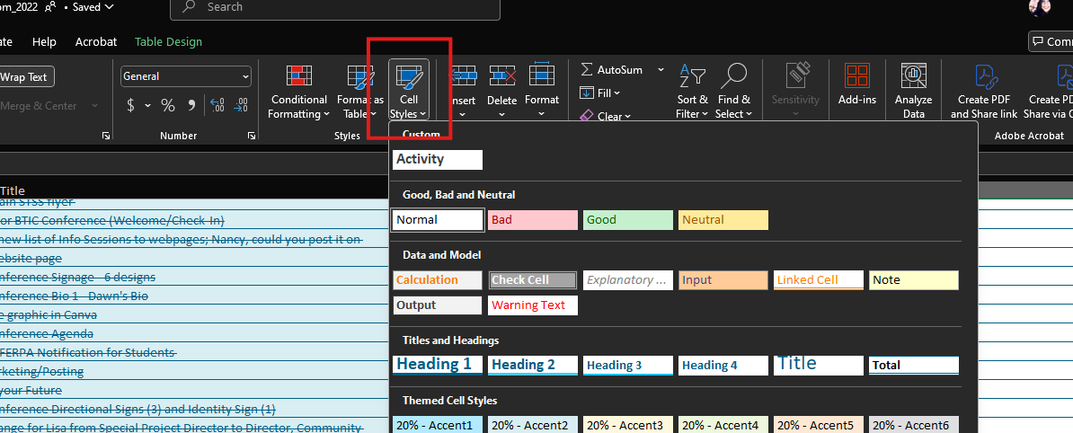 A screenshot of Excel's Cell Styles menu open.