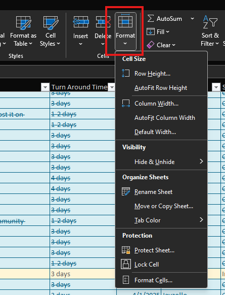 A screenshot of the Excel's Format menu open to adjust row height and column width.