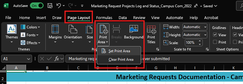 A screenshot of the Excel menu ribbon, with Page Layout tab selected, Print Area icon menu open.