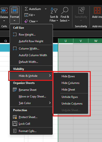 A screenshot of Format menu open with Visability, Hide and Unhide options selected.