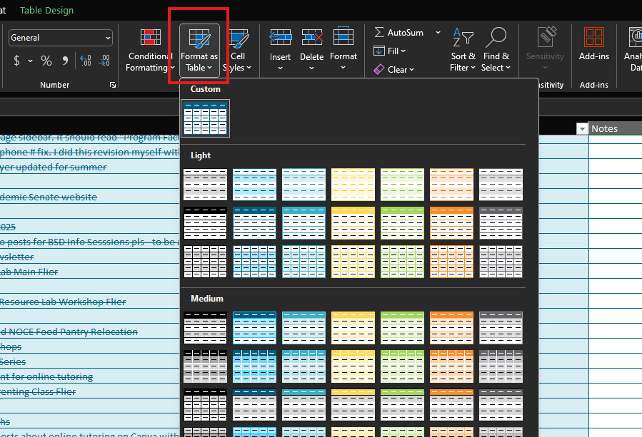 A screenshot of Excel's Format as Table open with Table Style Options open.