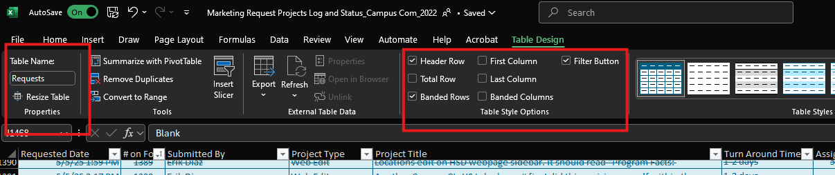 A screenshot of the Excel Table tools, Table Design tab open, Table name and Table Style Options highlighted.
