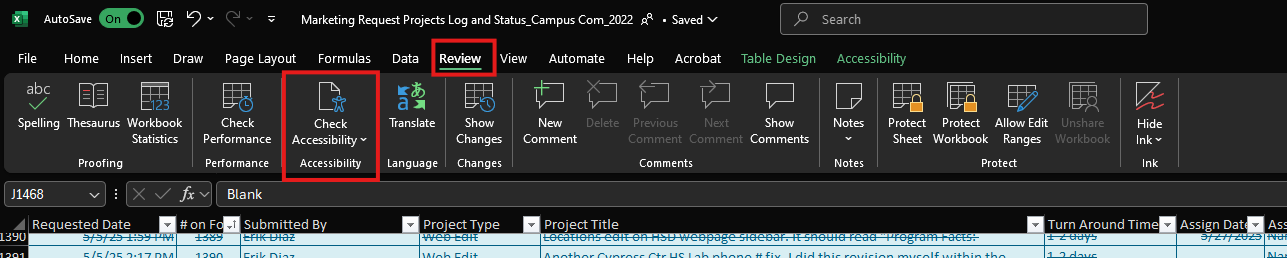 A screenshot of Excel menu with the Review tab open. A red square highlighting the Accessibility Checker menu icon.