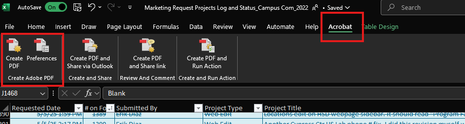 A screenshot of Excel menu ribbon with the Acrobat tab selected. Create PDF and Preferences selected.