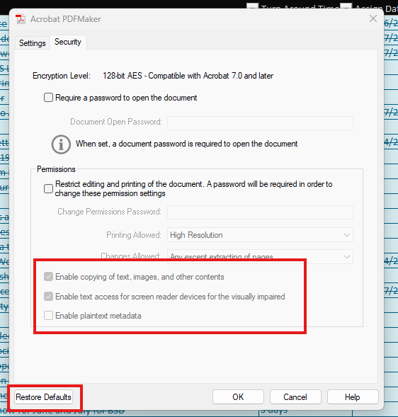 A screenshot of the Security tab in the Acrobat PDFMaker pop-up window