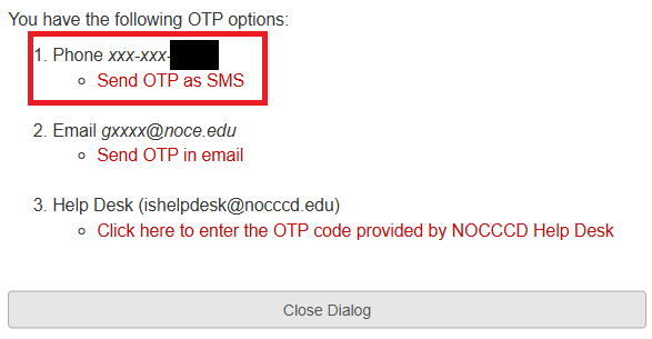Mygateway OTP options, phone, email, or help desk through NOCCCD