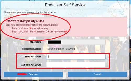 A screenshot of the Password complexity rules on mygateway with the option to enter a new password and confirm password.