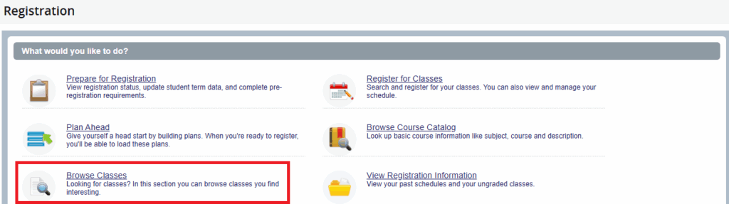 Screenshot of "Browse Classes" option circled in red.