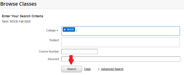 Screenshot of "Browse Classes" page with red arrow pointing to the search button.