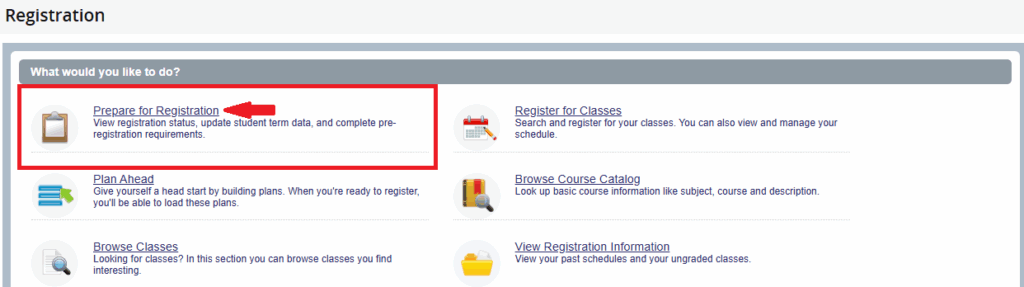 Screenshot of red arrow pointing to "Prepare for Registration" button.