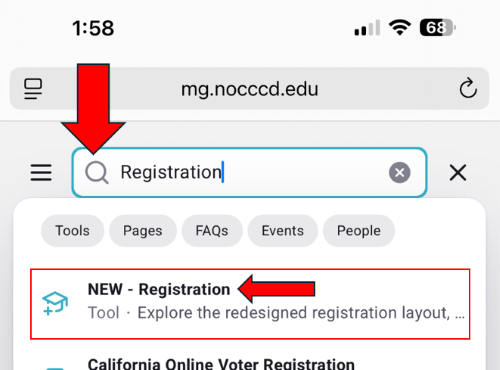 A phone screenshot of the mygateway search bar with the word registration typed in. 