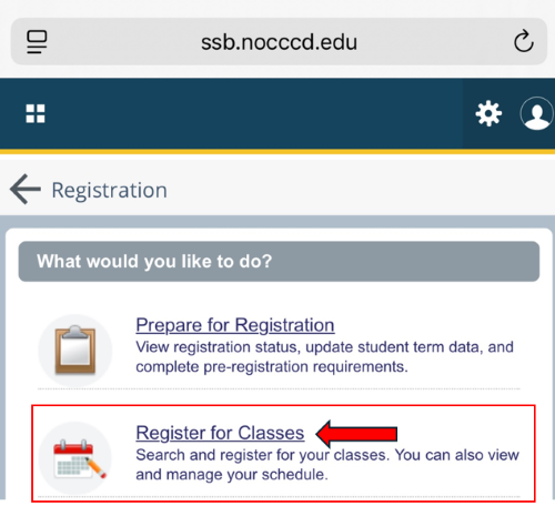 A phone screenshot of the register for classes option under prepare for registration. 