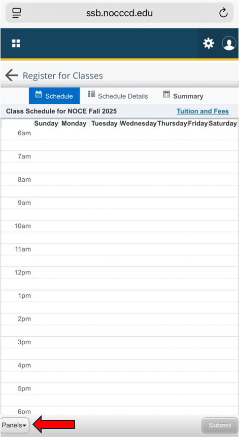 A phone screenshot of the Register for Classes page, with a red arrow pointing at the bottom left corner. 
