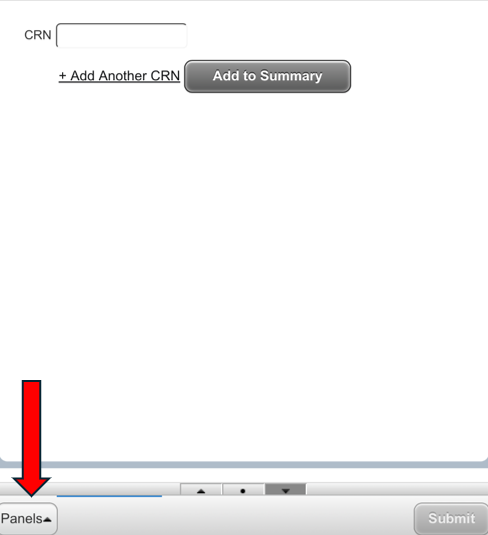 A phone screenshot of the Register for Classes page, with a red arrow pointing at the bottom left corner.