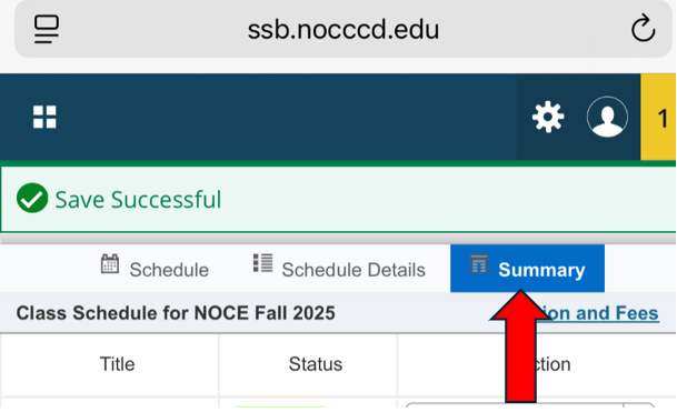 A phone screenshot of the Register for Classes page, with a red arrow pointing at the Summary button.