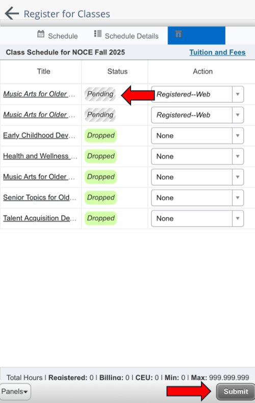 A phone screenshot of the Register for Classes Summary page, showing the status of the classes.