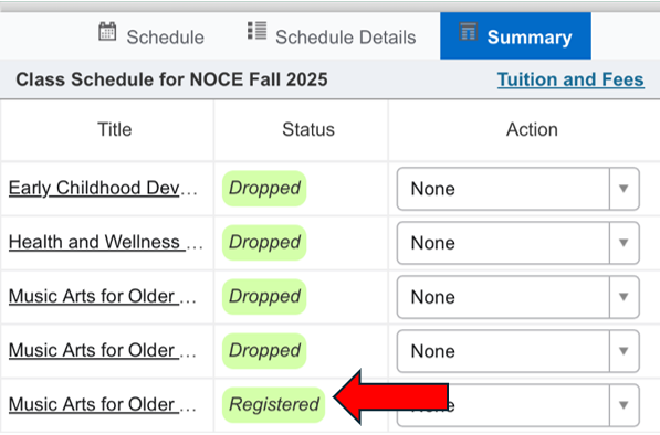A phone screenshot of the Register for Classes Summary page, showing the Registered status. 