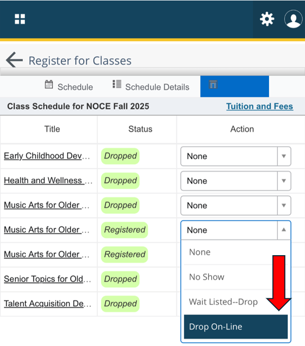 A phone screenshot of the Register for Classes Summary page, under the Action column with the drop down menu option open to show "Drop On-Line."