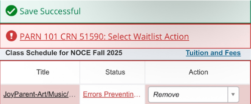 A phone screenshot of the waitlist error message for a class. 