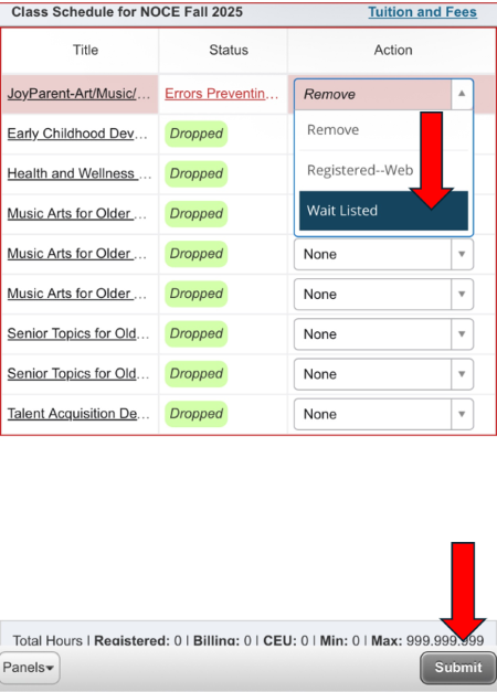 A phone screenshot of the Register for Classes Summary page, under the Action column with the drop down menu option open to show "Wait Listed."