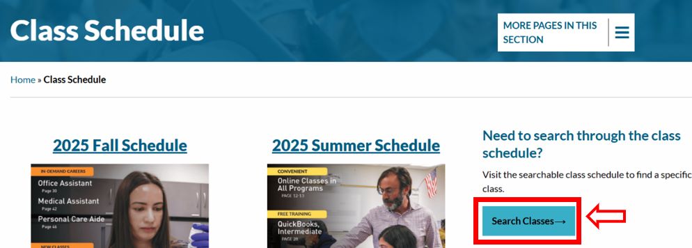 A screenshot of the NOCE class schedule page with a red arrow pointing at the "Search Classes" button. 