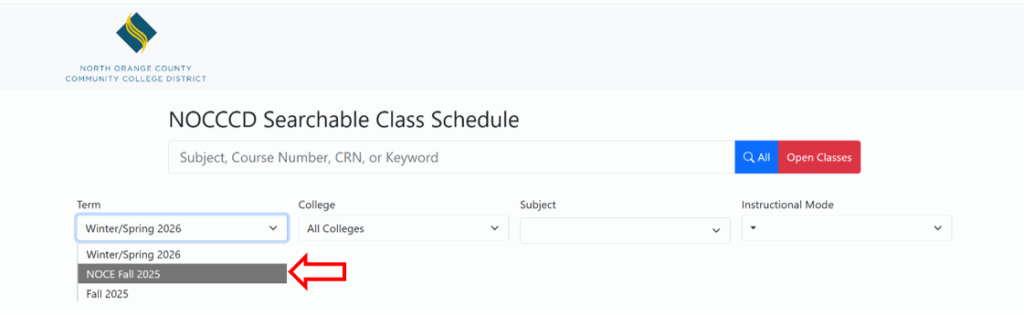 A screenshot of the North Orange County Community College District Searchable Class Schedule website, with the term drop down open and NOCE Fall 2025 selected.