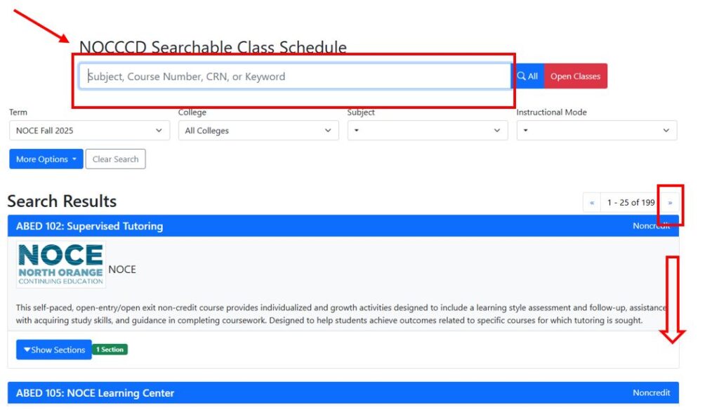 A screenshot of the NOCCCD Searchable Class Schedule website with the search bar highlighted and the navigation arrows highlighted. 