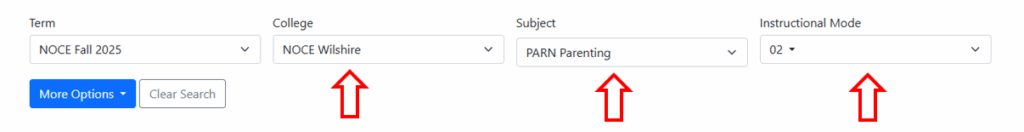 A screenshot of the searchable schedule page with arrows pointing at College, Subject and Instructional Mode.