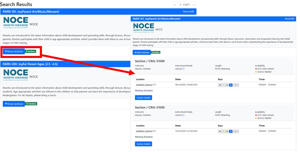 A screenshot with a red box highlighting the Show Section button and an example of more details for a class appearing.