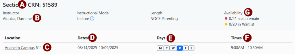 A screenshot of the search class schedule webpage with the information of a in-person class displayed. Red letters highlighting different areas.
