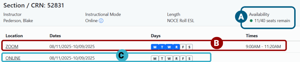 A screenshot of the search class schedule webpage with the information of a online and Zoom class displayed. Letters A through C highlighting different areas.
