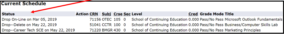 Screenshot of "Current Schedule" with a red arrow pointing the "Status" column of a class that was dropped.