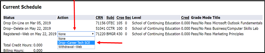 Screenshot of "Current Schedule" section with red arrows pointing to "Drop" courses.