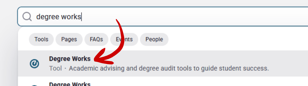 A screenshot of the myGateway search bar with the words degree works typed in.