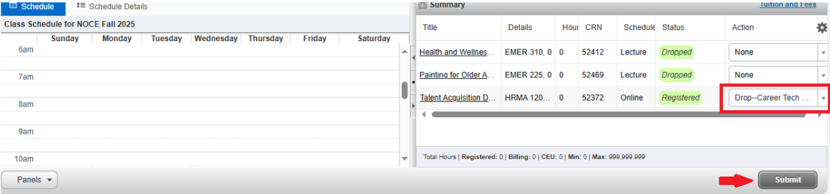 Screenshot of the "Summary" section with "Drop-Career Technical Education" circled in red and a red arrow pointing to the "Submit" button