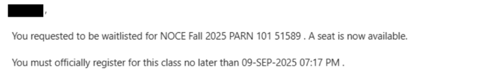 Screenshot or an example of the email you will receive once you are eligible to register from the waitlist.