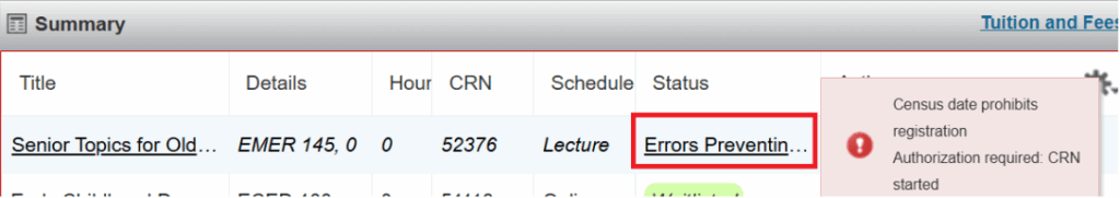 Screenshot of "Summary" section with "Errors preventing" registration circled in red.