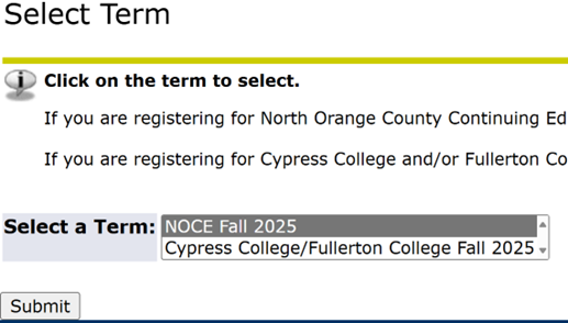 Screenshot of the "Select Term" screen.