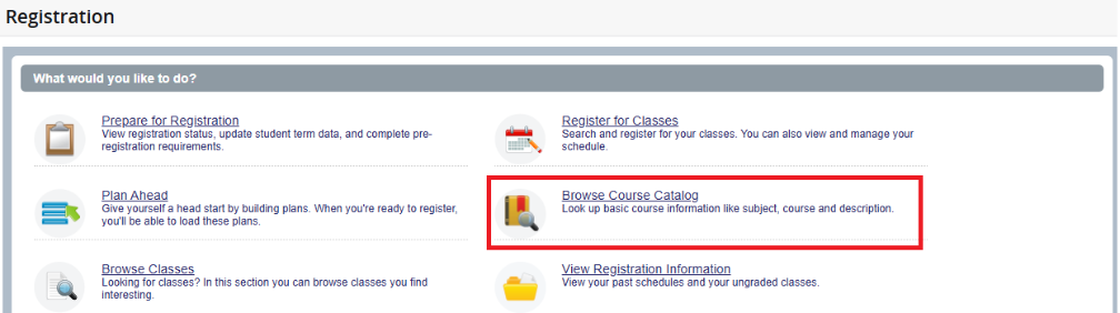 Screenshot of "Browse Course Catalog" button circled in red.