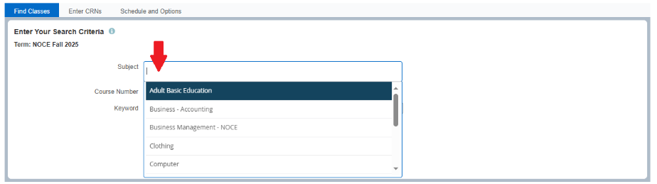 Screenshot shot of "Find Classes" section. Red arrow pointing to the "Subject" section.
