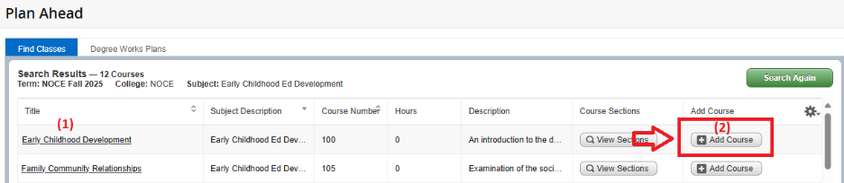 Screenshot of the "Plan Ahead" page, with a red arrow pointing to the "Add Course" button.