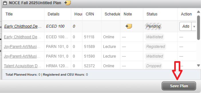 Screenshot of the "Plan" summary with a red arrow pointing to the "Save Plan" button.