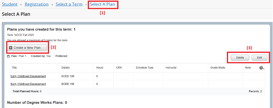 Screenshot of the "Select a Plan" page with the "Select A Plan", "Create a New Plan", and "Delete or Edit" sections highlighted and numbered in red.
