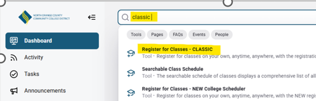 Screenshot of how to navigate to "classic" registration.