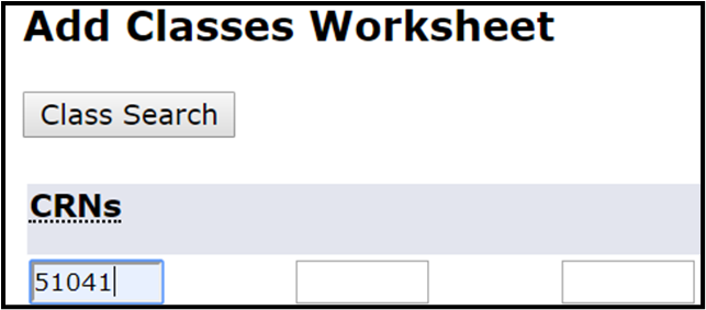 Screenshot of the "Add Classes Worksheet" and the CRNs boxes.