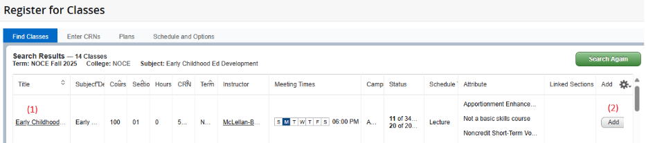 Screen shot of "Find Classes" section.