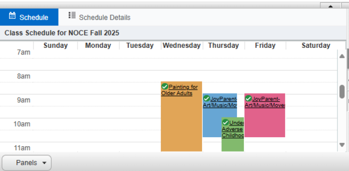 Screenshot of "Schedule" section showing current schedule of classes.
