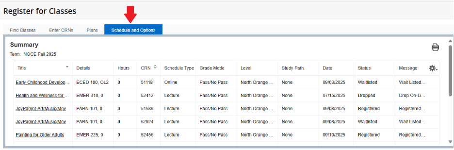 Screenshot of "Schedule and Options" button with a red arrow pointing to it.